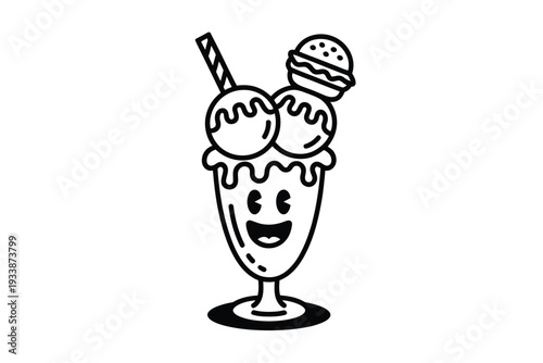 A cartoon ice cream sundae with a happy face and a straw