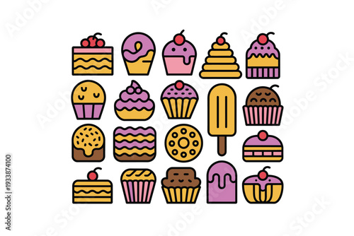 A colorful illustration of various sweet desserts and treats