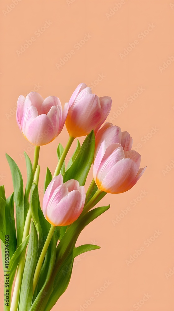 Fototapeta premium a bouquet of 5 pastel pink tulips with pastel orange background