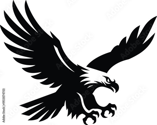 Eagle silhouette in flight, powerful bird design, black and white artwork, fierce talons extended, freedom symbol, patriotic vector, majestic raptor illustration