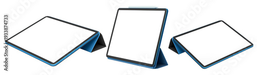 Set of modern digital tablets in protective cases with blank screen, isolated on white isolated background
