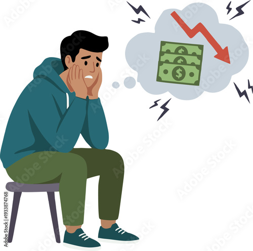 Flat Illustration of Worried Man Thinking About Financial Loss