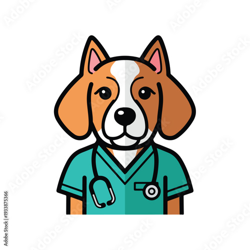 A cartoon dog wearing medical scrubs and a stethoscope around its neck is depicted as a veterinarian in a simple illustration style from a frontal viewpoint.