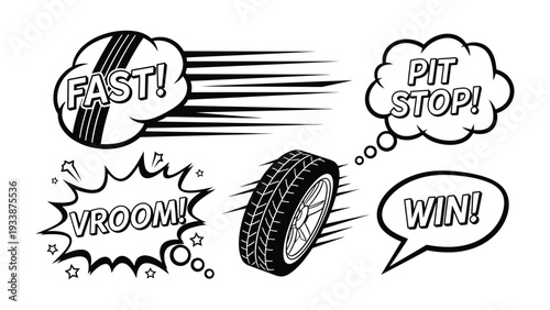 Fast Wheels: A dynamic black-and-white illustration of a tire, paired with bold exclamations, captures the adrenaline-fueled essence of speed and victory in motorsport.