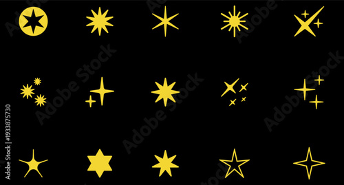 Sparks and stars Set. Black stars and sparkles isolated on background. Sparkles symbols collection.