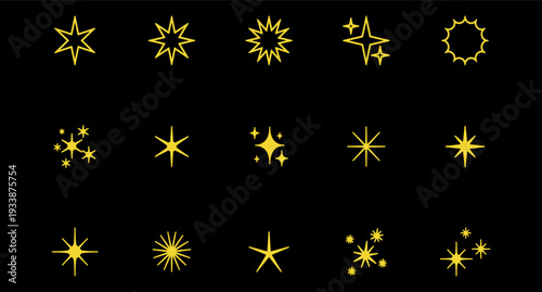 Sparks and stars Set. Black stars and sparkles isolated on background. Sparkles symbols collection.