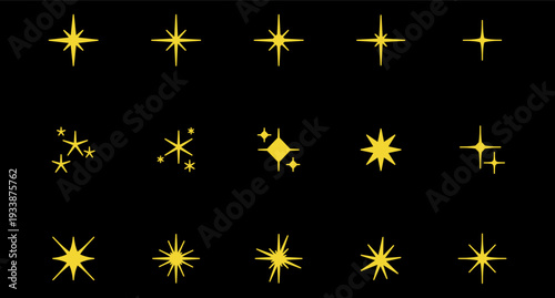 Sparks and stars Set. Black stars and sparkles isolated on background. Sparkles symbols collection.