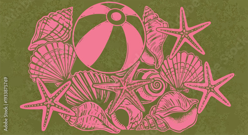 Moody Coastal Still Life Sketch with Anatomical Pink Seashells and Starfish on Earthy Olive Green Paper Texture for Modern Nautical Interior Design