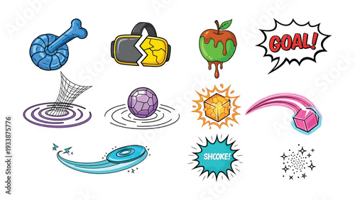 Game elements set: A collection of various game elements is showcased against a plain backdrop, with each item uniquely designed to bring excitement and joy.