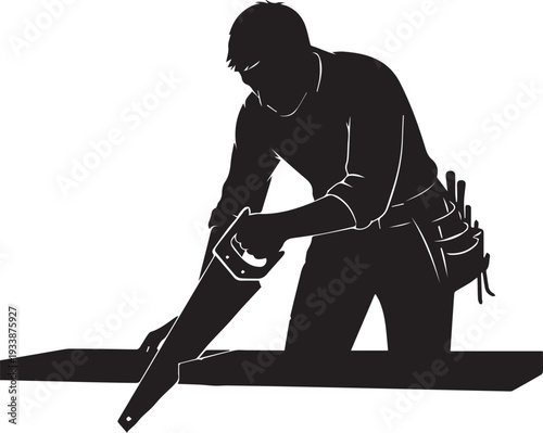 Carpenter sawing wood vector silhouette illustration craftsman at work line art