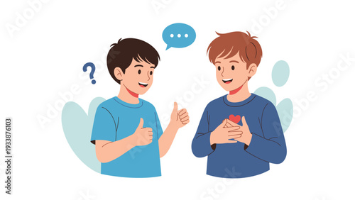 Two teenage boys standing and talking while making friendly hand gestures in a simple cartoon character illustration.