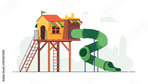 Childrens playground structure featuring a wooden house on stilts with a long green spiral tunnel slide on white.