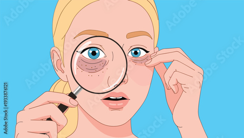 Young blonde woman looking at the dark circles under her eyes through a magnifying glass for skin care analysis.