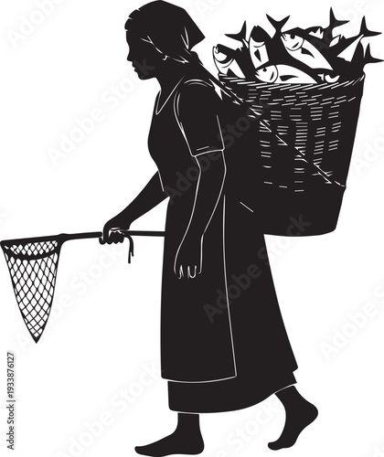 Fisherwoman carrying basket of fish silhouette vector with net walking barefoot for line art