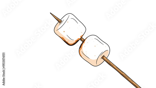 Two white marshmallows on a wooden skewer stick isolated on a plain white background for sweet food concepts.