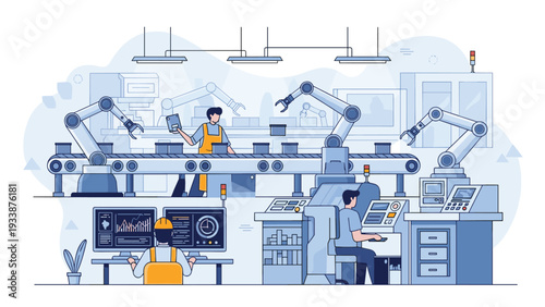 Modern automated production line featuring robotic arms and technicians monitoring systems on computer screens in an industrial factory.