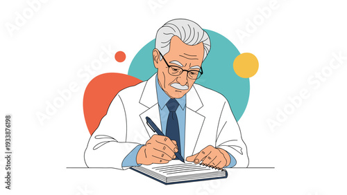 Senior male doctor with grey hair and glasses focused on writing notes in a medical journal at his desk in a professional clinic setting.