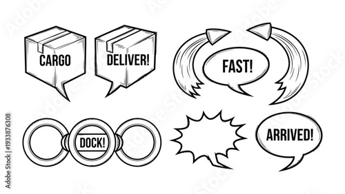 Logistical Lexicon: An array of stylized speech bubbles and icons represent various aspects of cargo delivery and logistics, forming a visual language for efficient communication and fast delivery.
