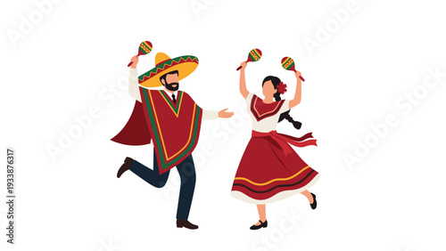 Couple dancing traditional Mexican folk dance while wearing colorful sombreros and ponchos while shaking maracas at a lively celebration.