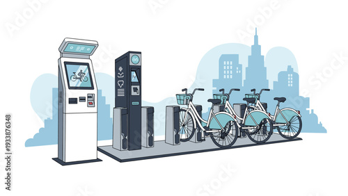 Modern urban bicycle sharing station featuring several white bikes docked next to a digital payment kiosk against a soft city skyline.