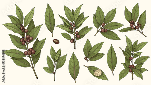 Set of botanical illustrations showing coffee plant branches with green leaves and red berries at different stages of their growth.