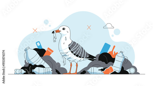 Impactful illustration of a seagull entangled in plastic waste standing amidst a pile of trash to highlight serious ocean pollution.
