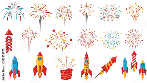 Diverse collection of colorful firework bursts and pyrotechnic rockets designed for celebratory events and festive holiday displays.