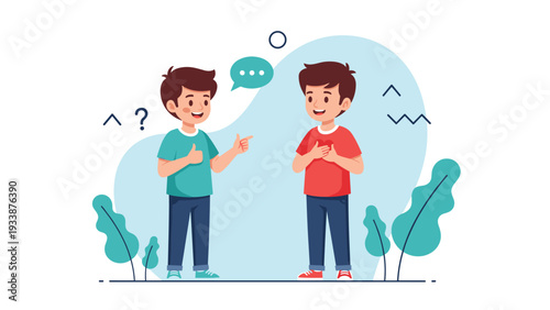 Two young boys engaged in a conversation where one boy explains something while the other looks puzzled with a floating question mark.