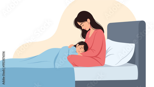 Loving mother sitting on a bed and cuddling her young child who is peacefully sleeping under a blue blanket in a soft and quiet room.