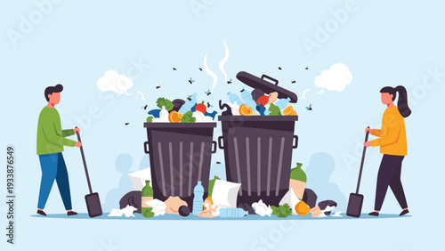 Man and woman working together to clean up overflowing trash bins filled with garbage to promote environmental responsibility and care.