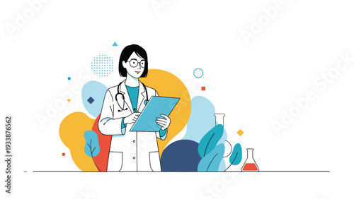 Professional female doctor wearing a lab coat and stethoscope holding a clipboard with medical charts against a colorful and modern background.