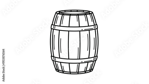 Classic wooden barrel with metal hoops shown in a simple black and white line drawing style for storage or beverage production concepts.
