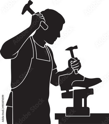 Shoemaker at work silhouette vector with hammer and footwear on anvil professional line art