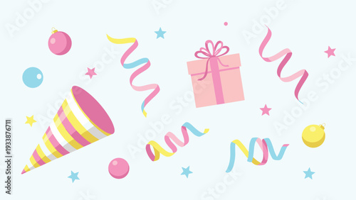Birthday party celebration elements including a pink gift box striped party hat colorful streamers and holiday ornaments.