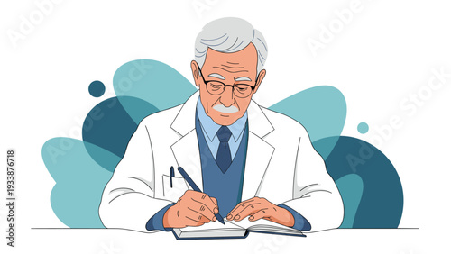 Professional senior male doctor with grey hair and glasses writing clinical notes in a notebook at his office desk.