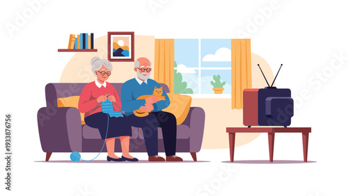 Happy elderly couple sitting together on a comfortable sofa knitting and petting their cat while watching television.