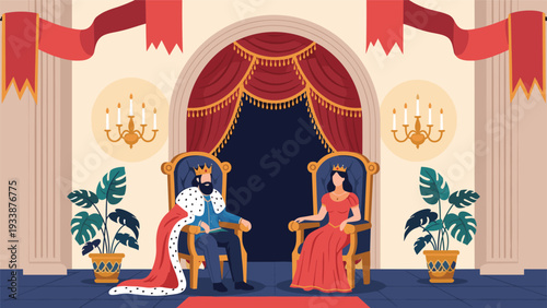 Royal king and queen wearing crowns and regal attire sitting on gold thrones in a majestic palace hall with red banners.
