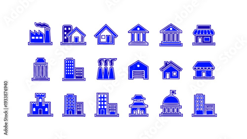 Blue vector icons featuring houses, offices, public buildings, and architectural structures in clean EPS format.