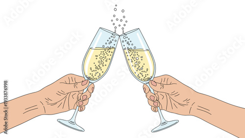 Two hands holding elegant glasses of sparkling champagne in a celebratory toast with bubbles rising against white.