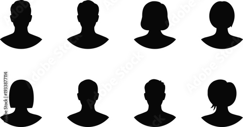 Eight black silhouette profiles of people with different hairstyles on white background