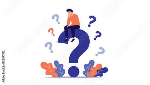 Confused young man sitting on top of a large blue question mark thinking deeply about a difficult problem or decision.