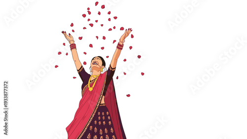 Elegant indian woman wearing a traditional purple and red saree throwing flower petals into the air during a festival.