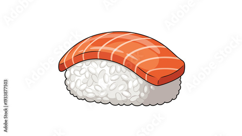 Delicious piece of salmon nigiri sushi featuring a fresh orange fish slice over a bed of white vinegared rice.
