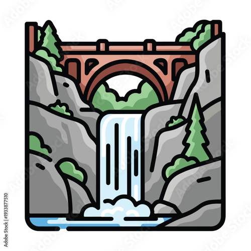 A serene waterfall cascading down rocky cliffs beneath an old red bridge surrounded by lush greenery viewed from a distance