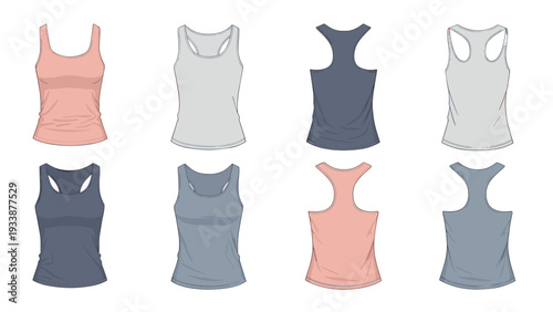 Multiple views of different colored athletic tank tops for women shown in pink grey and blue from front and back.