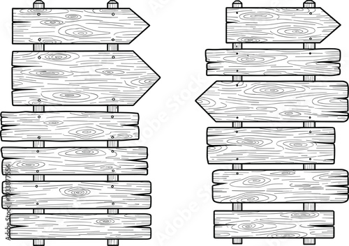 Wooden signboard set with blank rustic planks and arrow directions in outline style isolated on white background for outdoor, camping, and vintage design projects