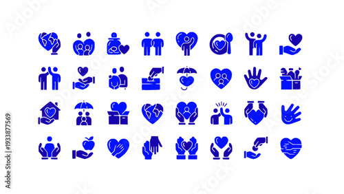 Solid blue icons showing care, love, donation, volunteering, and community service themes.