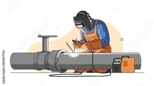 Skilled industrial welder wearing a protective mask and orange overalls working on a metal pipe with bright sparks.