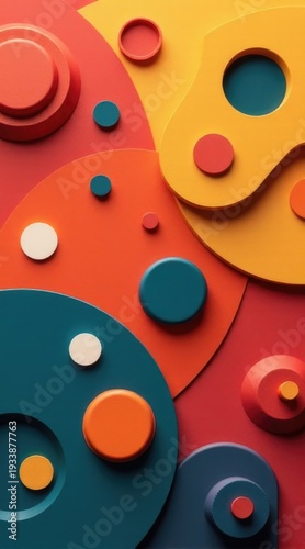 Bold 3D abstract background featuring layered circular relief elements and smooth curved surfaces in warm red, orange, yellow, and teal tones
