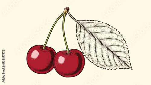 Pair of ripe red cherries with long green stems and a single textured leaf shown in a classic botanical style.